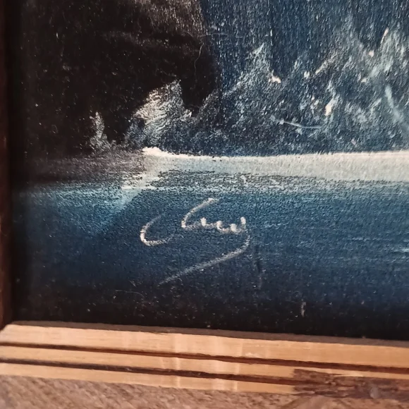Pair (2) Velvet Landscape Paintings Waterfall Lake Trees Frame MCM Retro EUC